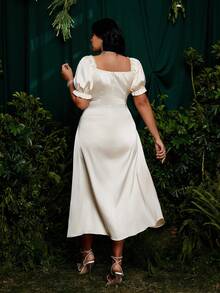 French Elegant Lace Trim Puff Sleeve Satin Midi Bodycon Dress - Apricot - View 2