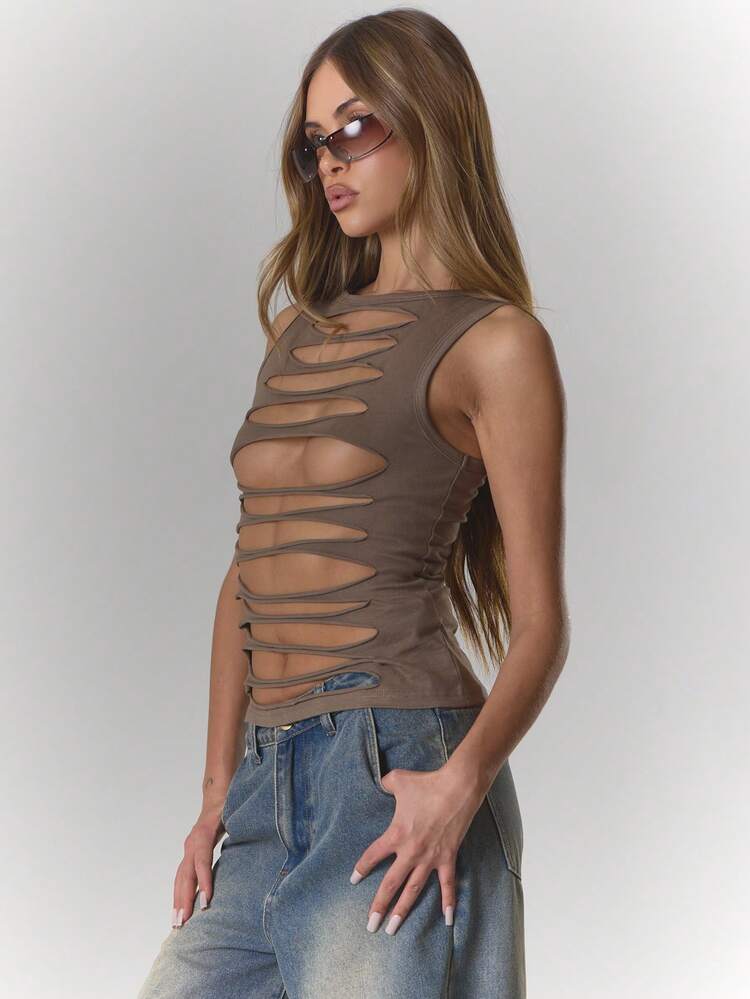 MUSERA Extreme Distressed Slash Longline Tank Top Sexy Going Out