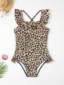 SHEIN Young Girl New Fashionable Leopard Print One-Piece Swimsuit Summer Holiday - Multicolor - View 4