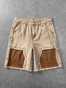ROMWE MEN Street Life 男士休闲日常牛仔短裤，带口袋、纽扣和毛边裤脚 - 棕色 - 查看 1