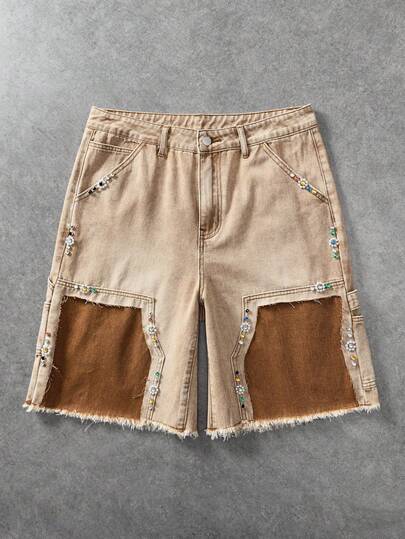 ROMWE MEN Street Life 男士休闲日常牛仔短裤，带口袋、纽扣和毛边裤脚