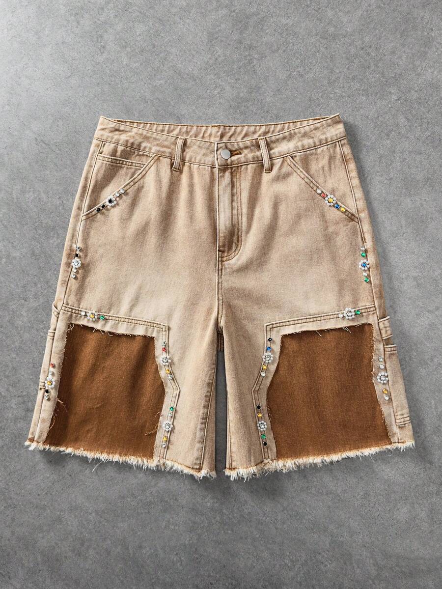 ROMWE MEN Street Life 男士休闲日常牛仔短裤，带口袋、纽扣和毛边裤脚 - 棕色 - 查看 1