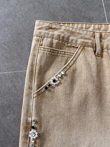 ROMWE MEN Street Life 男士休闲日常牛仔短裤，带口袋、纽扣和毛边裤脚 - 棕色 - 查看 6