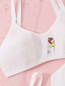 3pcs/Set Girls Cartoon Print Camisole Bra Set, Wireless Comfortable Suitable For All Seasons - White - View 3