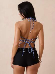 SHEIN Allurite Stripes Halter Neck Sexy Backless Sleeveless Top, Date Night Top - Multicolor - View 2