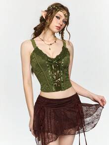 ROMWE Fairycore Áo camisole ngắn ôm sát lấy cảm hứng từ thiên nhiên dành cho nữ mùa hè, phối ren tương phản. - màu xanh lá - Xem 6