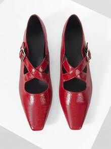 Mnmlis Solid Color Small Square Toe Daily Fashion Comfortable Versatile Casual Flat Shoes, Suitable For Walking Travel And Vacation - Burgundy - View 2