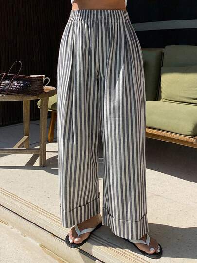 DAZY Contrast Striped Loose Wide Leg Pants, Elastic Waist Cropped Casual Trousers For Women, Spring/Autumn