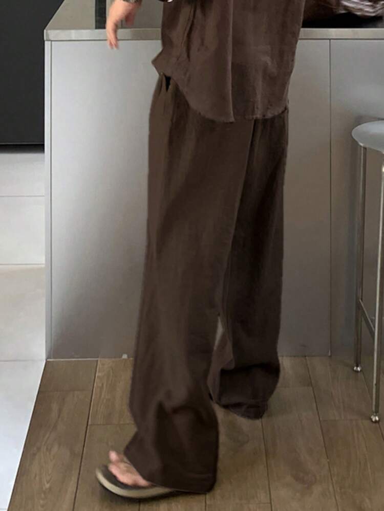 Men's Solid Brown Elastic Waist Long Pants, Spring/Summer