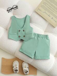 SHEIN 2pcs Baby Boy Gentleman Outfit,Sage Green Double-Breasted Vest & Shorts Set,Summer Cute Modest Formal Wear For Wedding Guest,Birthday Party,Baptism - Green - View 4