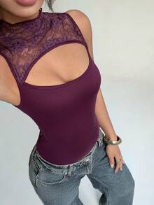 Aloruh 女士性感浪漫蕾丝拼接圆领修身连体衣 - 酒紅色 - 查看 2