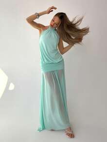 Aloruh 女士浪漫性感纯蓝色高领系带露背褶皱A字不对称连衣裙，适合春夏度假和约会 - 薄荷藍 - 查看 3