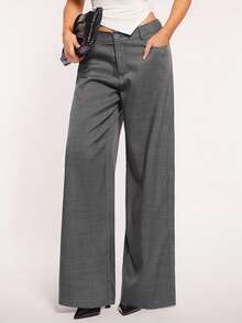 Radiana 女士极简时尚深灰色低腰宽松阔腿西装裤，通勤裤，低腰长裤，低腰西装裤，灰色西装裤，灰色阔腿裤，灰色长裤，梭织面料休闲裤 - 深灰色 - 查看 8