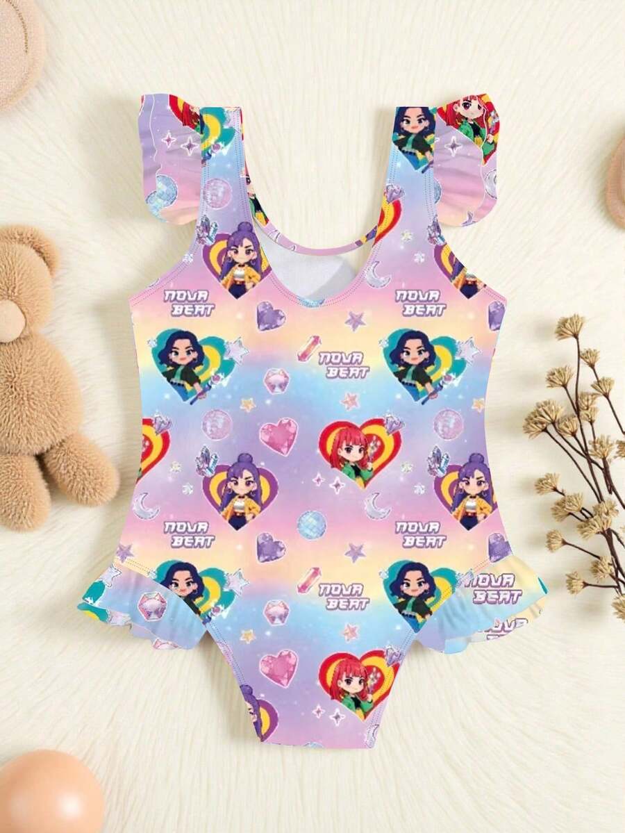 Baby Girl Gradient Cartoon Print One-Piece Swimsuit, Beach/Resort - Purple - View 1