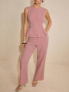 Poéselle Red Gingham Plaid Two Piece Set, Sleeveless Peplum Top And High Waist Flared Pants, Elegant Matching Suit Spring Summer Outfit For Women,Women's Summer Fashion Plaid Camisole & Pants 2 Pieces Set,French-Style 2 Pieces Set,2026 New Arrival - Multicolor - View 10