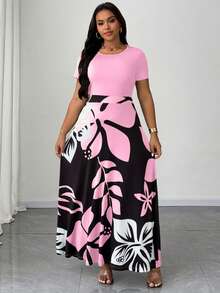 Maweii Đầm hai hàng cúc cổ lệch bất đối xứng in họa tiết đá cẩm thạch dành cho nữ cỡ lớn - Hồng - Xem 1