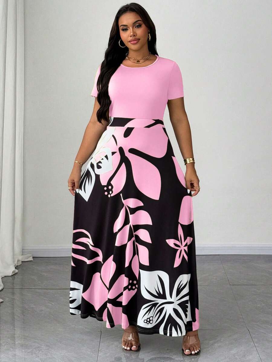 Maweii Đầm hai hàng cúc cổ lệch bất đối xứng in họa tiết đá cẩm thạch dành cho nữ cỡ lớn - Hồng - Xem 1