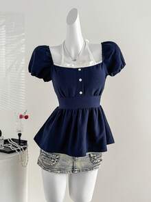 Sweetra Elegant Ruffled Collar Lace-Up Puff Sleeve Blouse, Versatile Design For Early Spring, Feminine Style - Navy Blue - View 3