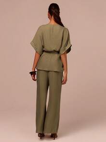 COSMINA V-Neck Raglan Sleeve Cuff Fold, Wrap Design, Waist Tie, V-Neck Shirt And Pants Set, Loose Top, Military Green Set, Summer Vacation Packages, Relaxing Vacations, Women's Vacation Packages
,Summer Women's Casual 2-Piece Set - Army Green - View 4