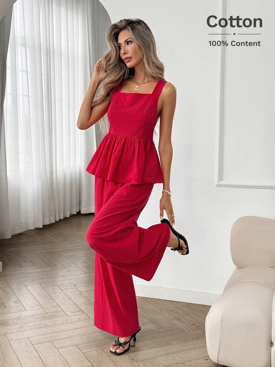 Easowa Bộ 2 món đồ nữ thường ngày, rộng rãi, thanh lịch, thích hợp đi làm hoặc đi nghỉ mát: Áo cổ vuông, tay bồng xếp ly và quần ống rộng cạp chun, màu đỏ, thích hợp mùa xuân/hè. - Đỏ - Xem 1