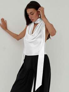 Aloruh 女士杏色优雅女神伴娘婚礼派对约会浪漫度假飘逸露背吊带性感上衣，夏季 - 白色 - 查看 6