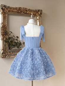 Lovelzi Elegant Blue Satin Strapless Mermaid Dress With 3D Floral Decor,Ruffle Hem,Suitable For Wedding,Cocktail Party,Graduation,Vacation,Afternoon Tea,Gala - Baby Blue - View 2
