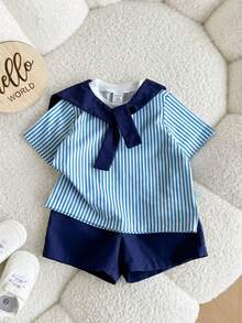 男婴可爱休闲条纹短袖T恤短裤套装（2件套），藏蓝色 - 彩色 - 查看 9