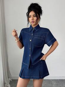 Elenzga 女士宽松短款牛仔外套 - 深色水洗藍 - 查看 3