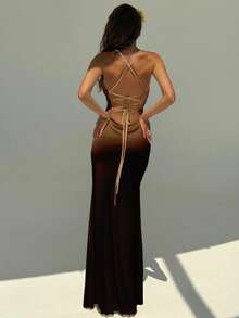 Aloruh Women's Elegant Floral Print Backless Halter Dress - Brown - View 4
