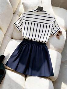 GlowEve 女士休闲通勤条纹开衫衬衫和高腰A字裙两件套，春夏款 - 藏蓝色 - 查看 2