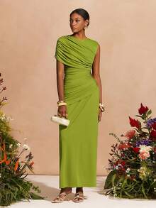 Zivah 2026春夏新款音乐节、复活节、圣帕特里克节、情人节、约会、西部风情、游牧风、生日派对、毕业典礼、大学、学生、日常穿着、百搭基础款、休闲、度假、邮轮旅行、海滩、日光浴、爆款、街头风、婚礼宾客波西米亚风、通勤、早午餐、机场、派对、假日郊游、办公室穿着 绿色不对称袖褶皱腰A字型长裙 - 綠色 - 查看 6