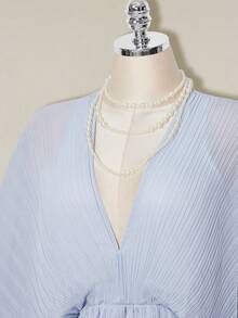 SHEIN ICON 女士优雅纯色蝙蝠袖迷你连衣裙 - 淺藍色 - 查看 4