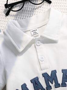 SHEIN 2件套男女宝宝牛仔标语刺绣短袖连体衣和牛仔遮阳帽套装，春夏男宝宝服装，套装，复活节 - 藍色 - 查看 8