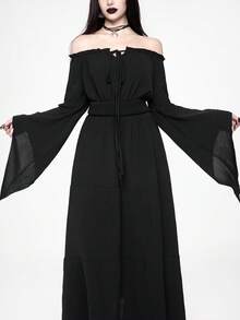 ROMWE Goth 女士哥特式露肩喇叭袖收腰连衣裙 - 黑色 - 查看 2