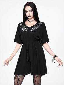 ROMWE Goth Women's Elegant Embroidered Short Sleeve Waist Cinched Mini Dress - Black - View 4