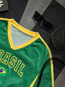 SHEIN EZwear Women's Casual V-Neck Loose Cropped 5/8 Sleeve Mesh T-Shirt, Suitable For Summer, Suitable For Ball Games, Women's Raglan Sleeve Knit T-Shirt, Fan Merchandise, Sports Team Culture, Game Viewing, Yellow And Green Striped Casual Jersey, Sports Casual Mixed T-Shirt For Women - Multicolor - View 5