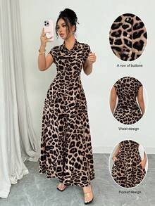 Rafferiza Đầm nữ thanh lịch họa tiết da báo, cổ bẻ, tay ngắn, cài cúc, eo. - Màu Tím - Xem 6