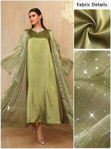 Al Najma Spring/Summer Glamorous Sleeveless Dress With Metallic Foil Embellished Flared Maxi Robe Cardigan - Green - View 4