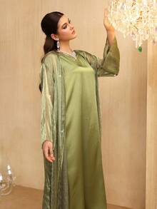 Al Najma Spring/Summer Glamorous Sleeveless Dress With Metallic Foil Embellished Flared Maxi Robe Cardigan - Green - View 7