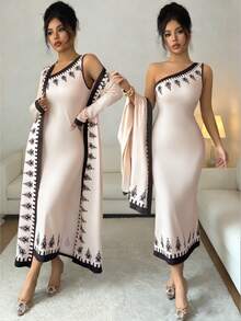 SHEIN Elenzya 2件套女士杏色花卉印花不对称肩部长款开衫和连衣裙套装 - 杏色 - 查看 1