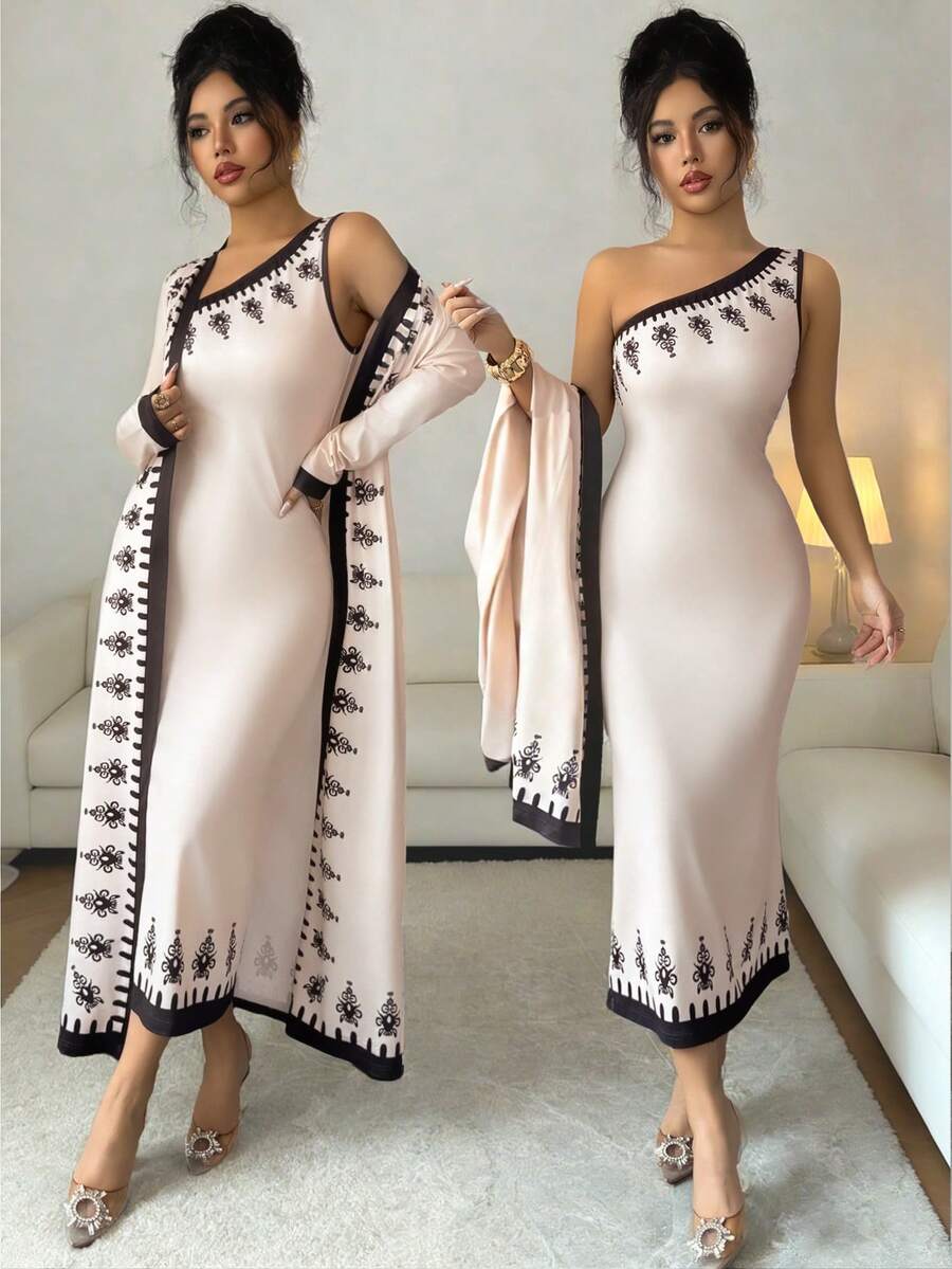 SHEIN Elenzya 2件套女士杏色花卉印花不对称肩部长款开衫和连衣裙套装 - 杏色 - 查看 1