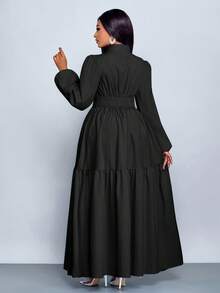 SOLERSUN 大码女装纯色宽松休闲立领前开衩水滴扣高端设计长袖腰带修身A字长裙，优雅舒适休闲时尚通勤气质连衣裙，新款，日常穿着，新年、秋季、冬季、约会、圣诞节，女装 - 黑色 - 查看 2