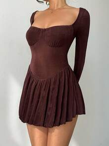 Aloruh Women's Romantic Date Night Stylish Sexy Casual Commute Sparkly Low-Cut Bubble Waist Mini Dress, Spring/Summer - Coffee - View 6