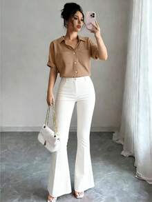 Franclia 女士法式优雅简约梭织Polo领衬衫，优雅女式上衣，休闲服饰，夏季百搭经典配色，时尚休闲通勤装，商务办公装，百搭时尚日常休闲装，都市教师职业装 - 駝色 - 查看 4