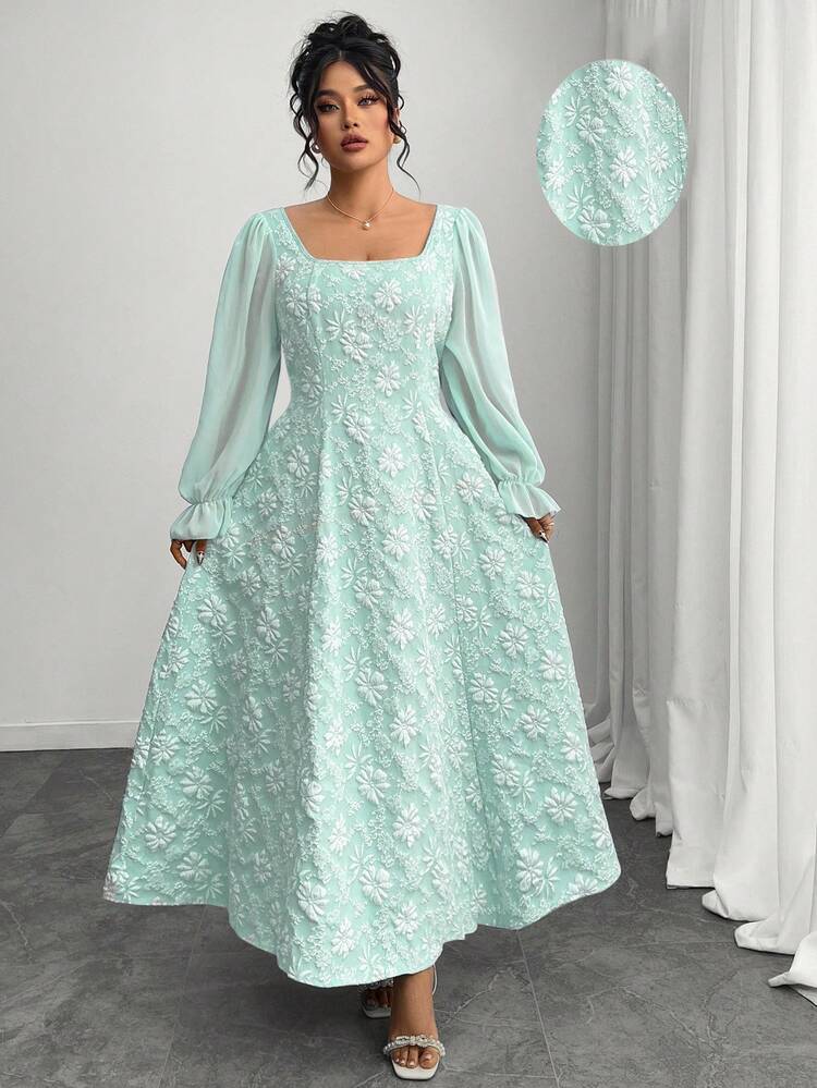 Elenzga Plus Size Women Elegant Early Autumn Chiffon Long Sleeve Jacquard  A-Line Dress | SHEIN