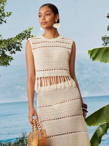 Travachic Women's Vacation Fashion Hollow-Out Camisole And Tassel Hem Skirt 2 Pieces Set - Apricot - View 1