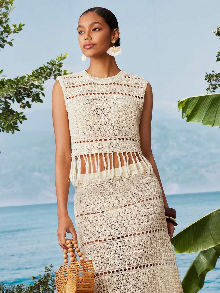 Travachic Women's Vacation Fashion Hollow-Out Camisole And Tassel Hem Skirt 2 Pieces Set - Apricot - View 1