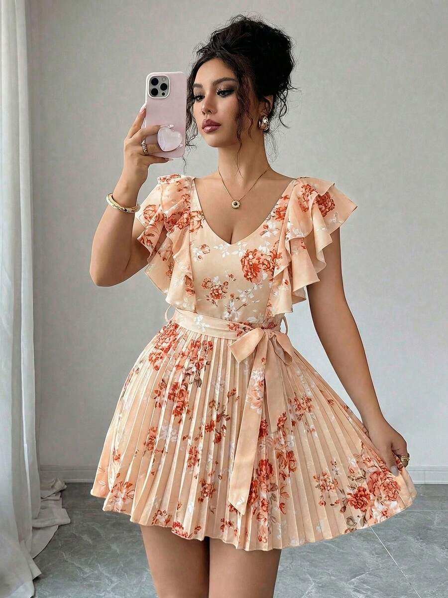 Elenzga 荷叶边V领收腰A字印花度假优雅浪漫连衣裙（女款） - 彩色 - 查看 1