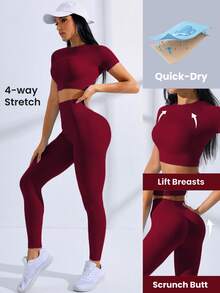SHEIN Core Rhythm High Stretch Seamless Women's Short Sleeve Top And High Waist Long Pants Sports Suit Women S Athletic Sets Workout Clothes Women Workout Rompers Jumpsuits Women Clothing Athletic - Burgundy - View 2