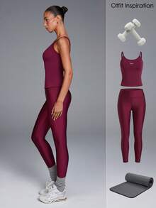 Menodora SHEIN Sport Women's Burgundy Ribbed Berry Performance Cami Top, Summer Athletic Slim-Fit Scoop Neck Spaghetti Straps, Breathable Stretch Knit For Gym & Studio Workouts - Purple - View 9